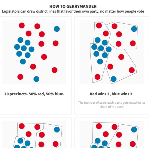 Thumbnail preview of graphics showing different ways to draw political districts that lead to different partisan makeups of legislatures